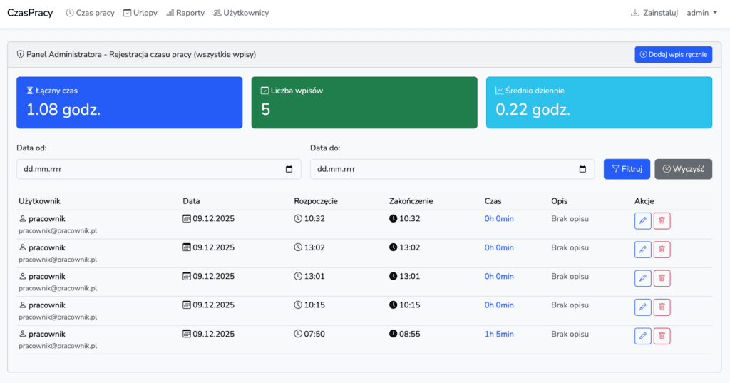 System Czasu Pracy - Rejestr Czasu