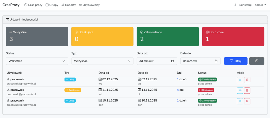 System Czasu Pracy - Urlopy i Nieobecności